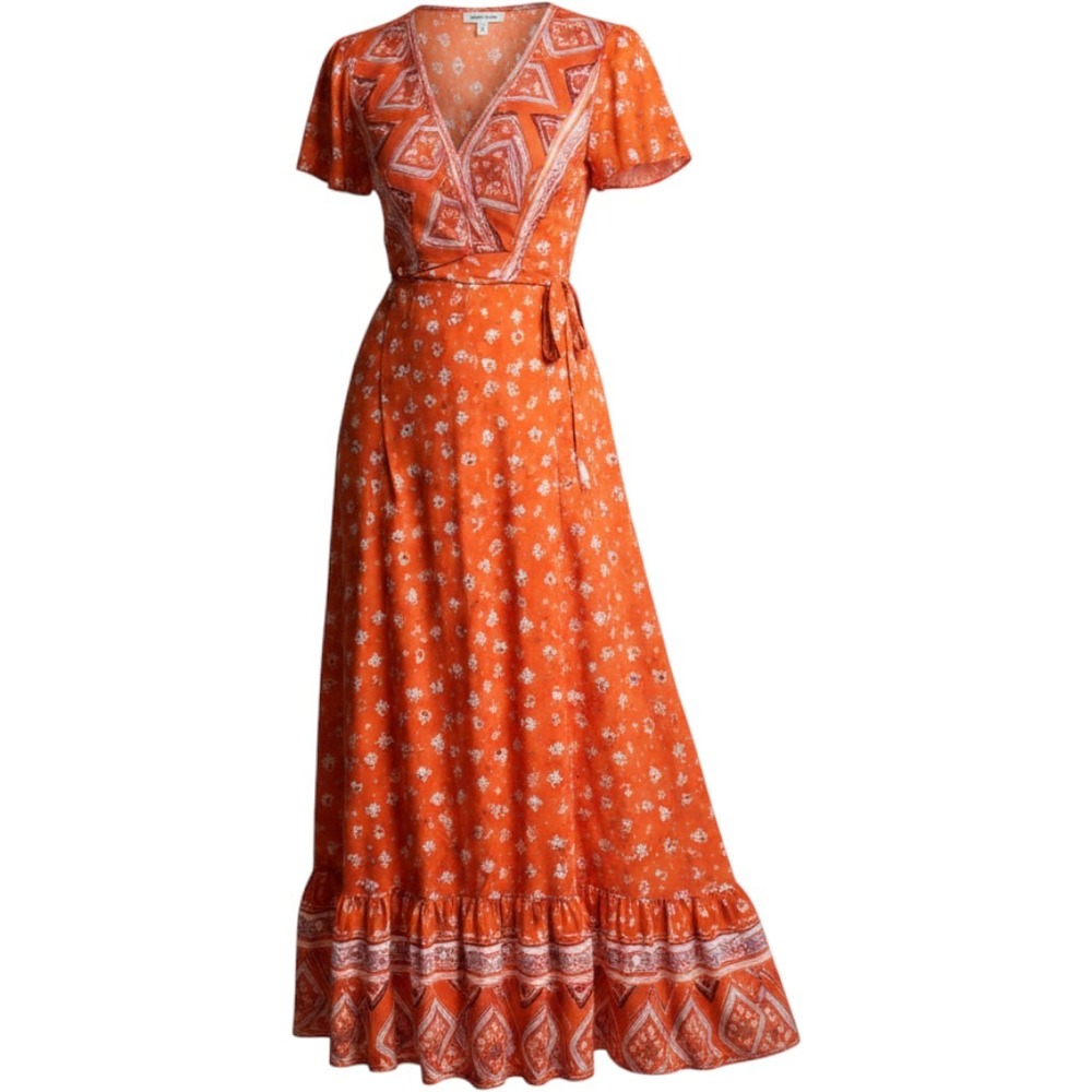Zesica Wrap Maxi Dress Women's S Boho Floral Paisley Orange Rayon Flutter Sleeve